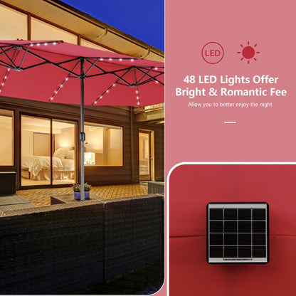 Costway 4.7M Double-Sided Patio Umbrella with Solar Lights for Poolside Garden Yard-Wine