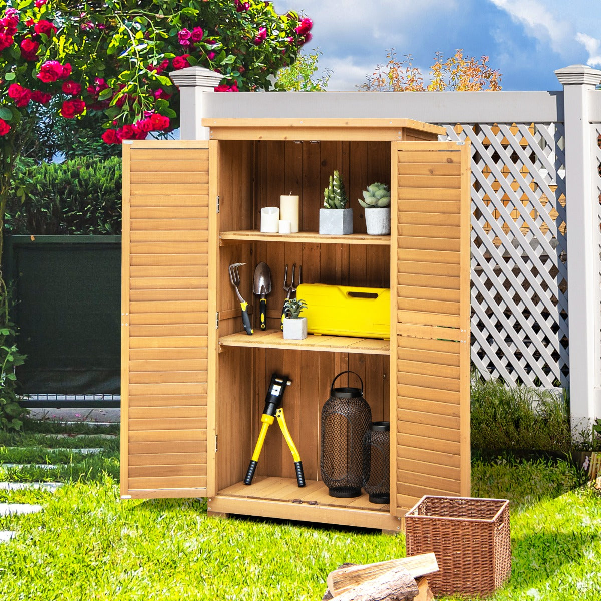 1.6M Outdoor Wooden Garden Shed Cabinet with Removable Shelves, Natural Finish