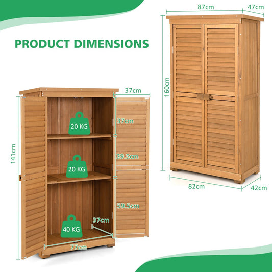1.6M Outdoor Wooden Garden Shed Cabinet with Removable Shelves, Natural Finish
