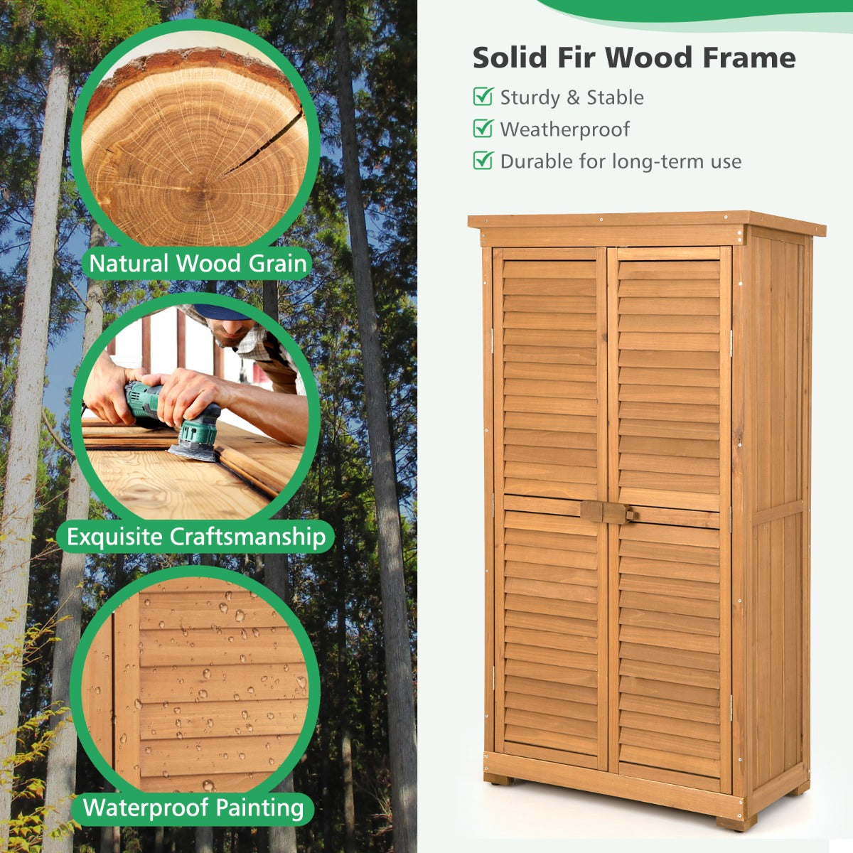 1.6M Outdoor Wooden Garden Shed Cabinet with Removable Shelves, Natural Finish