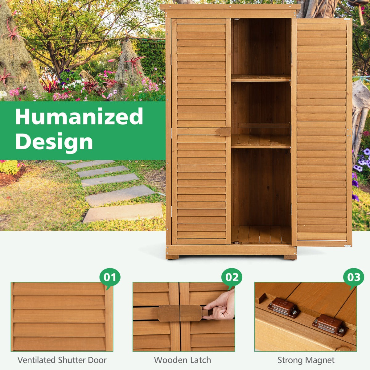 1.6M Outdoor Wooden Garden Shed Cabinet with Removable Shelves, Natural Finish