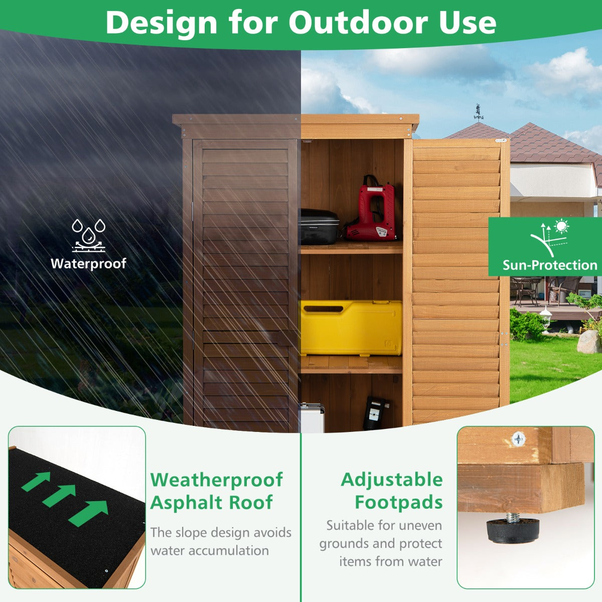 1.6M Outdoor Wooden Garden Shed Cabinet with Removable Shelves, Natural Finish