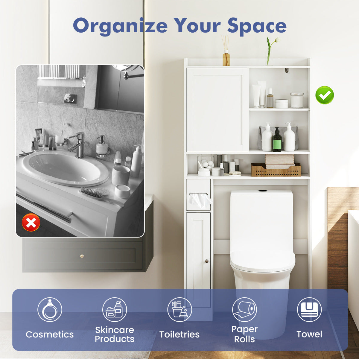 Over the Toilet Cabinet Space-saving Bathroom Storage Organizer-White