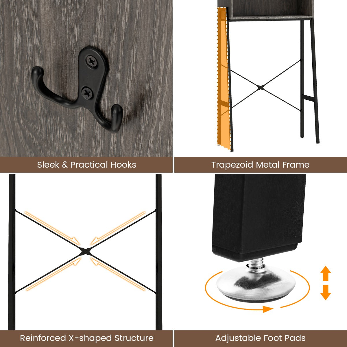 Freestanding bathroom organizer fits most toilets with a 60 by 86 centimeter clearance space
