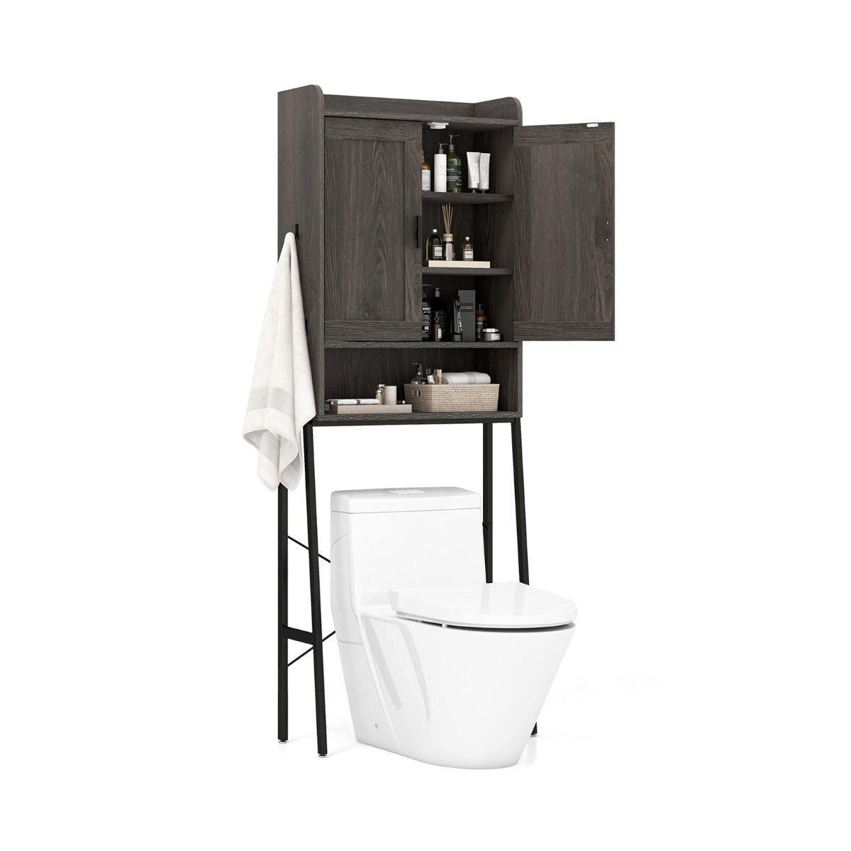 Bathroom space saver features five enclosed compartments, an open shelf, and two practical hooks