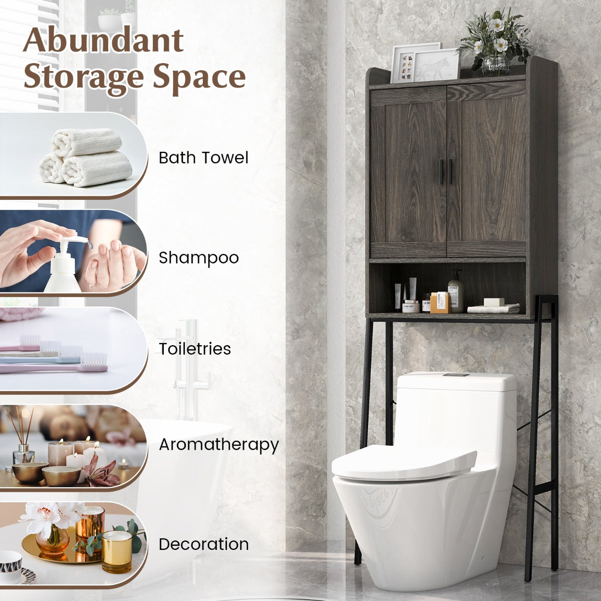Three-position adjustable shelves accommodate shampoos, shower gels, towels, and items of varying heights
