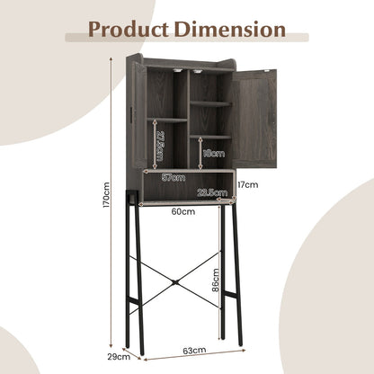 Farmhouse over-the-toilet storage cabinet provides organized space for bathroom towels and toiletries