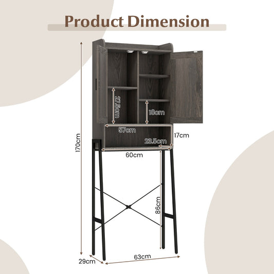 Farmhouse over-the-toilet storage cabinet provides organized space for bathroom towels and toiletries