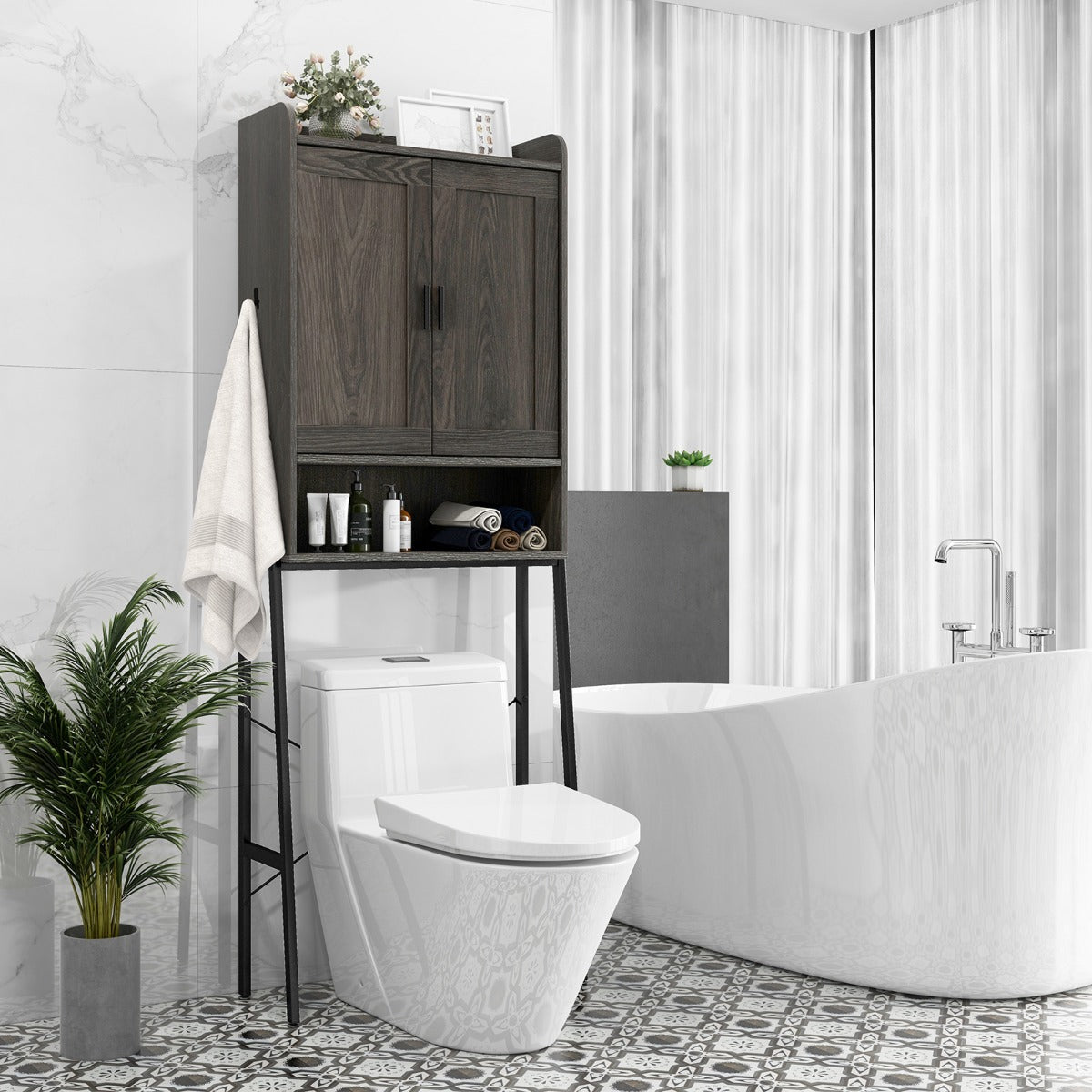 Dual anti-toppling devices secure the bathroom organizer firmly to the wall for added safety