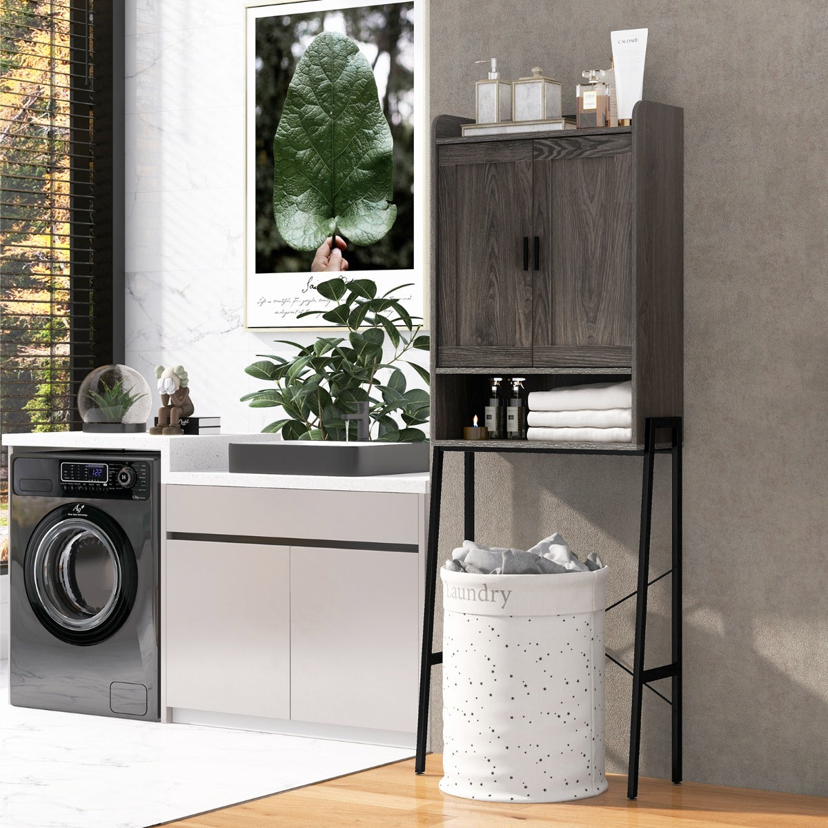 Water-resistant surface and magnetic door catches make this over-toilet cabinet easy to maintain