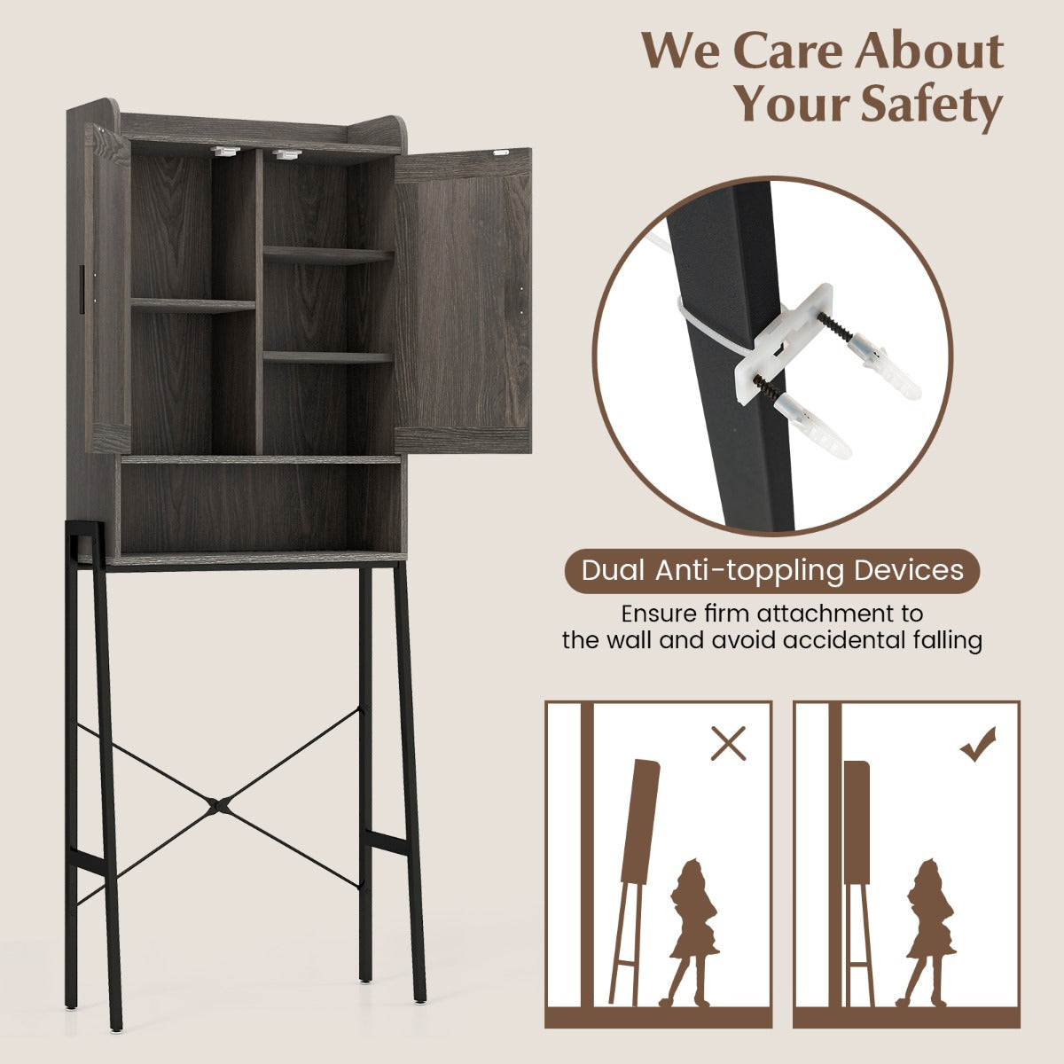 Double handles allow easy door opening while enclosed compartments protect stored bathroom essentials