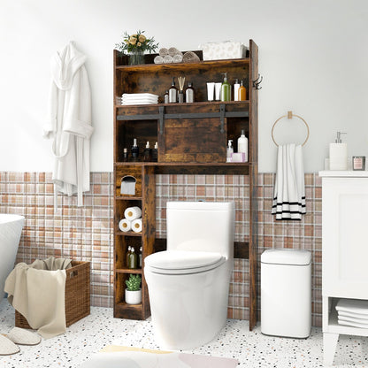 Costway Over The Toilet Storage Cabinet with Sliding Barn Door and Adjustable Shelves-Brown