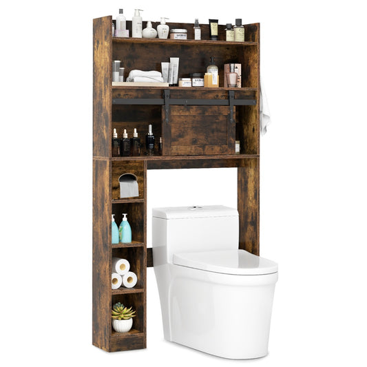 Costway Over The Toilet Storage Cabinet with Sliding Barn Door and Adjustable Shelves-Brown