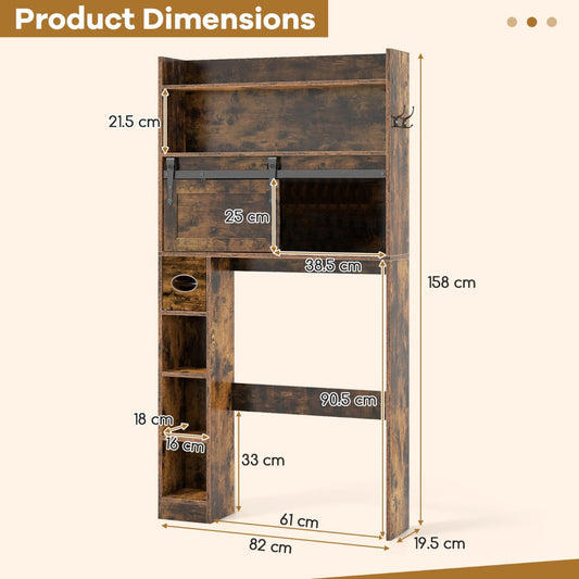 Over-the-toilet storage cabinet uses vertical bathroom space with shelves, hooks and a toilet paper holder