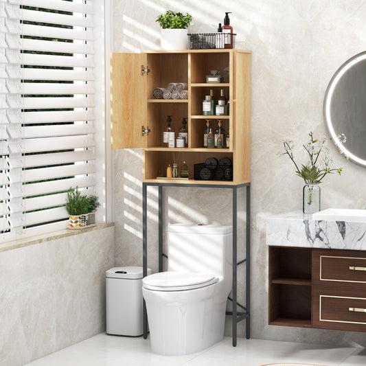 Costway Over The Toilet Storage Cabinet Freestanding with Rattan Doors and Shelves-Natural