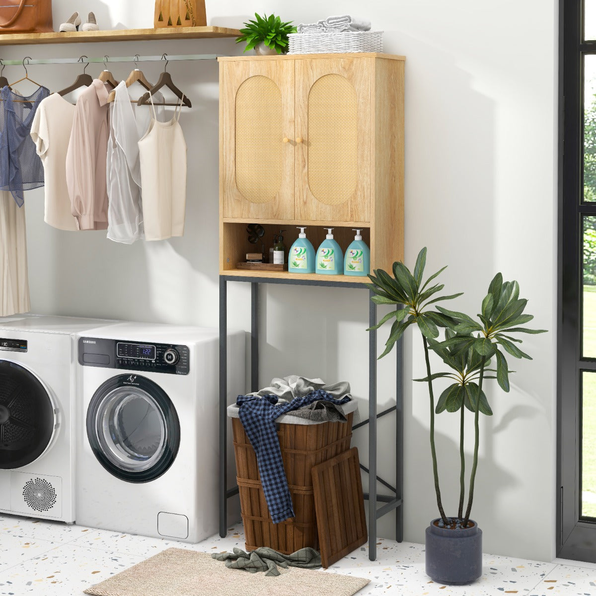 Space-saving toilet cabinet stores towels, toiletries, toilet paper, and skincare essentials neatly