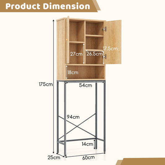 Over-the-toilet storage cabinet maximizes bathroom space with five compartments and an open shelf