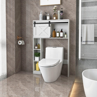 Over The Toilet Storage Cabinet with Sliding Barn Door and Shelves-White