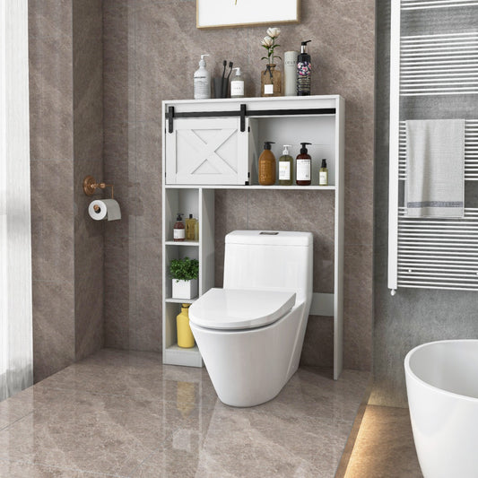 Over The Toilet Storage Cabinet with Sliding Barn Door and Shelves-White