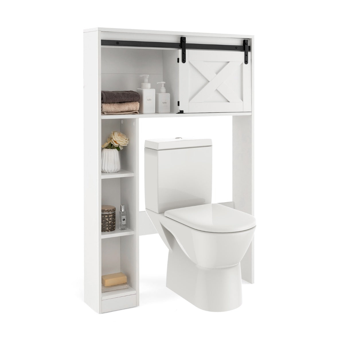 Over The Toilet Storage Cabinet with Sliding Barn Door and Shelves-White