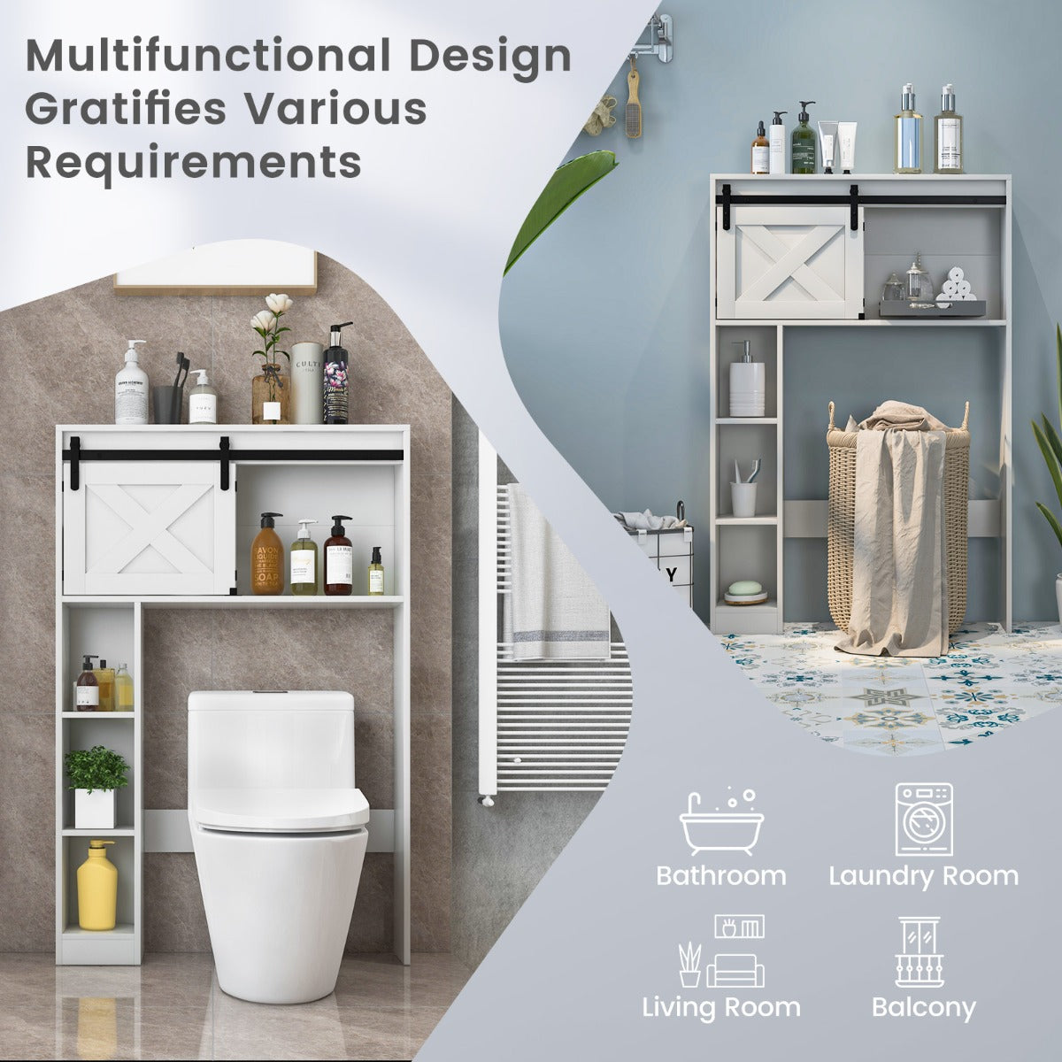 Over The Toilet Storage Cabinet with Sliding Barn Door and Shelves-White