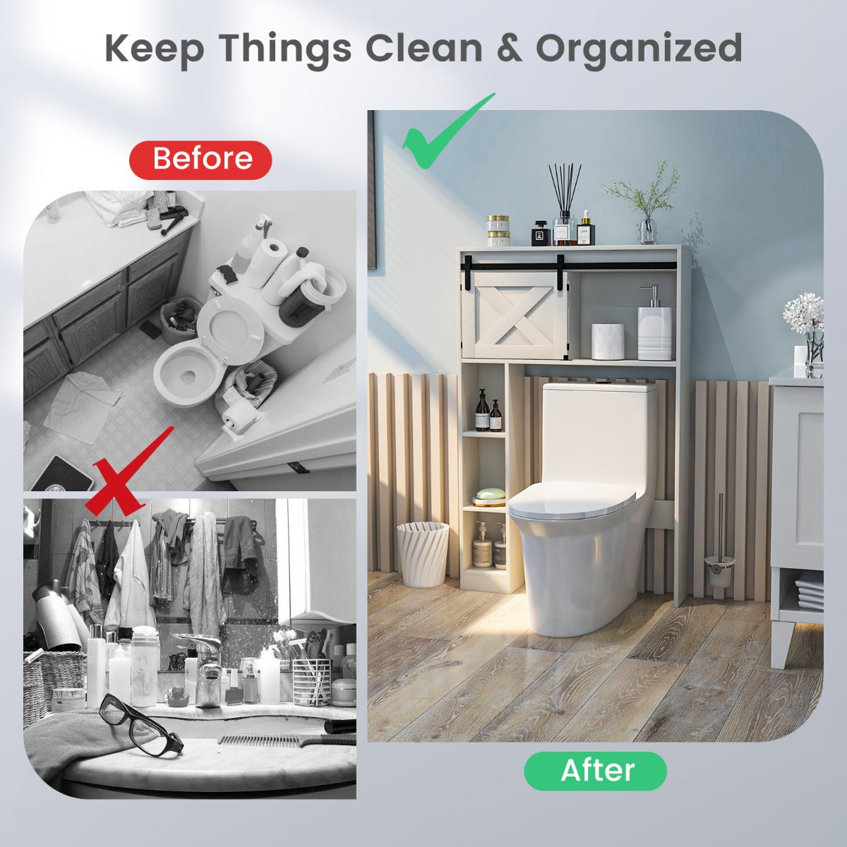 Over The Toilet Storage Cabinet with Sliding Barn Door and Shelves-White