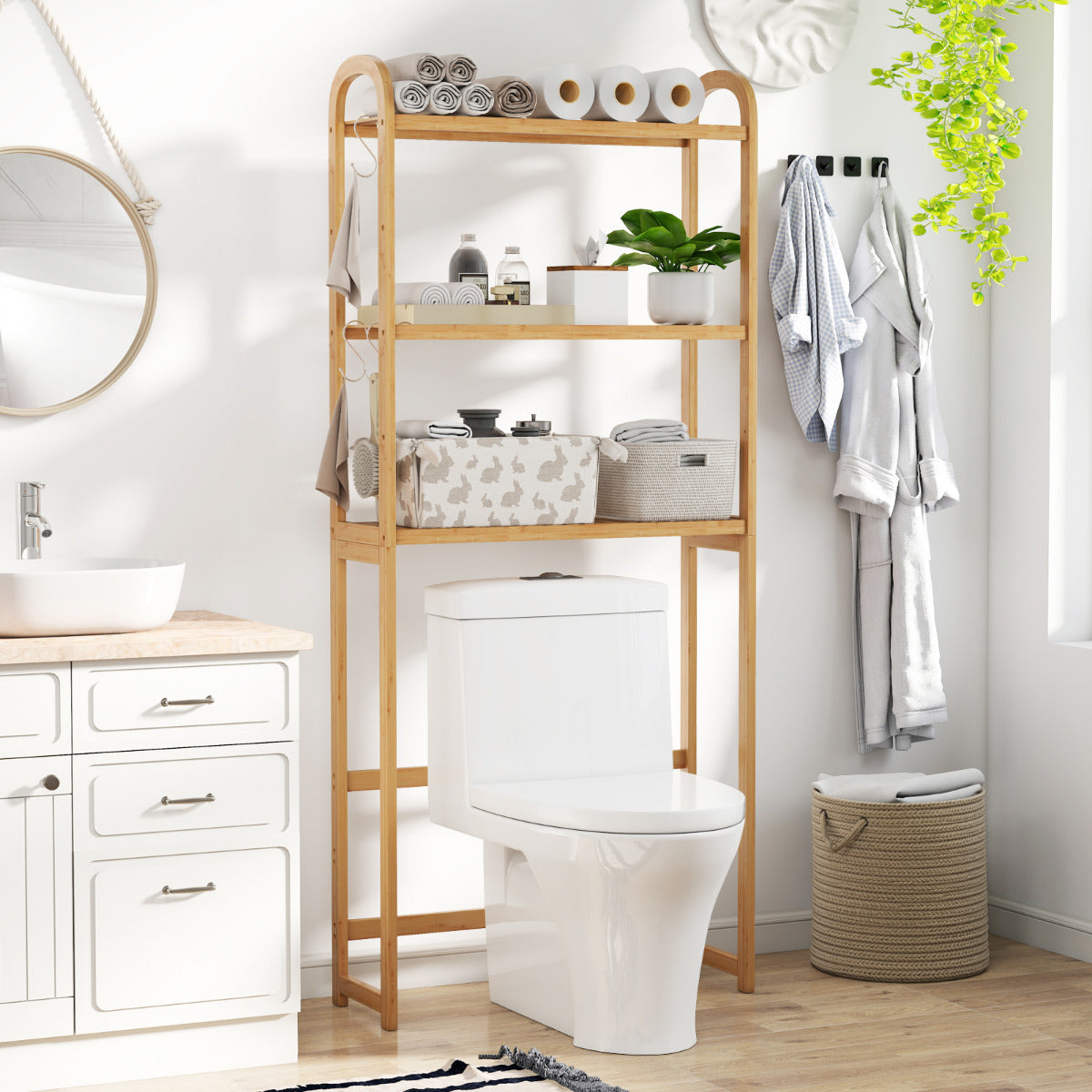 Over the Toilet Storage Rack with 5-Position Shelves-Natural