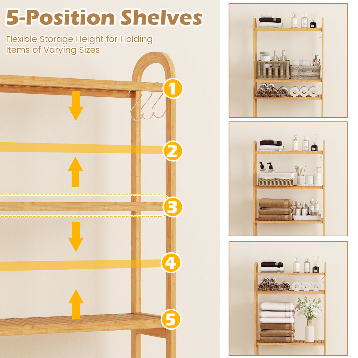 Over the Toilet Storage Rack with 5-Position Shelves-Natural