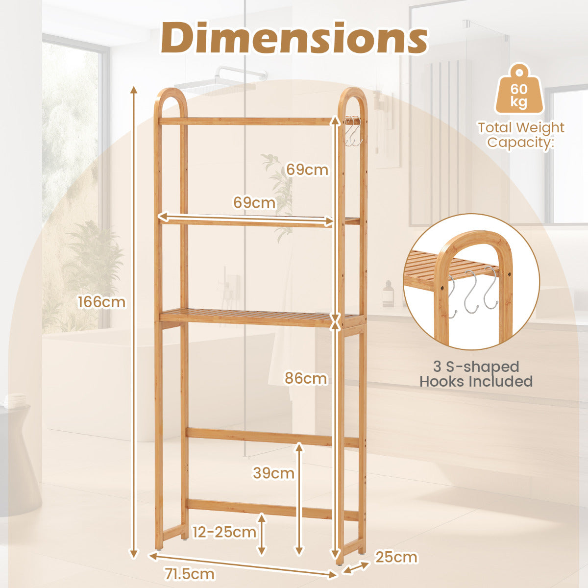 Over the Toilet Storage Rack with 5-Position Shelves-Natural