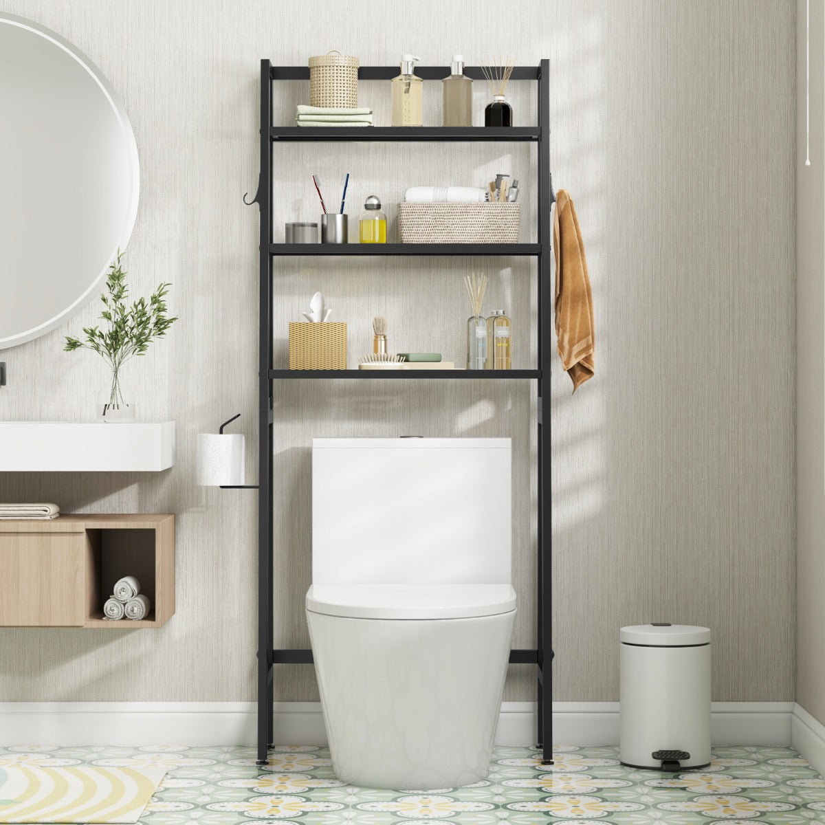 Built-in toilet paper holder and two side hooks add convenient storage for bathroom accessories