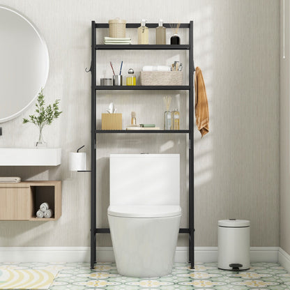 Built-in toilet paper holder and two side hooks add convenient storage for bathroom accessories