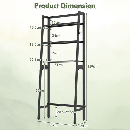 Three-tier over-the-toilet storage rack with shelves, hooks, toilet paper holder, and space-saving design