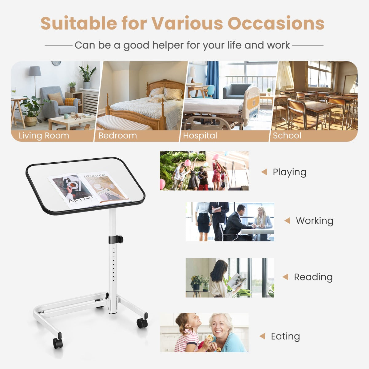 Portable Bedside Table with 9-Level Adjustable Height-White