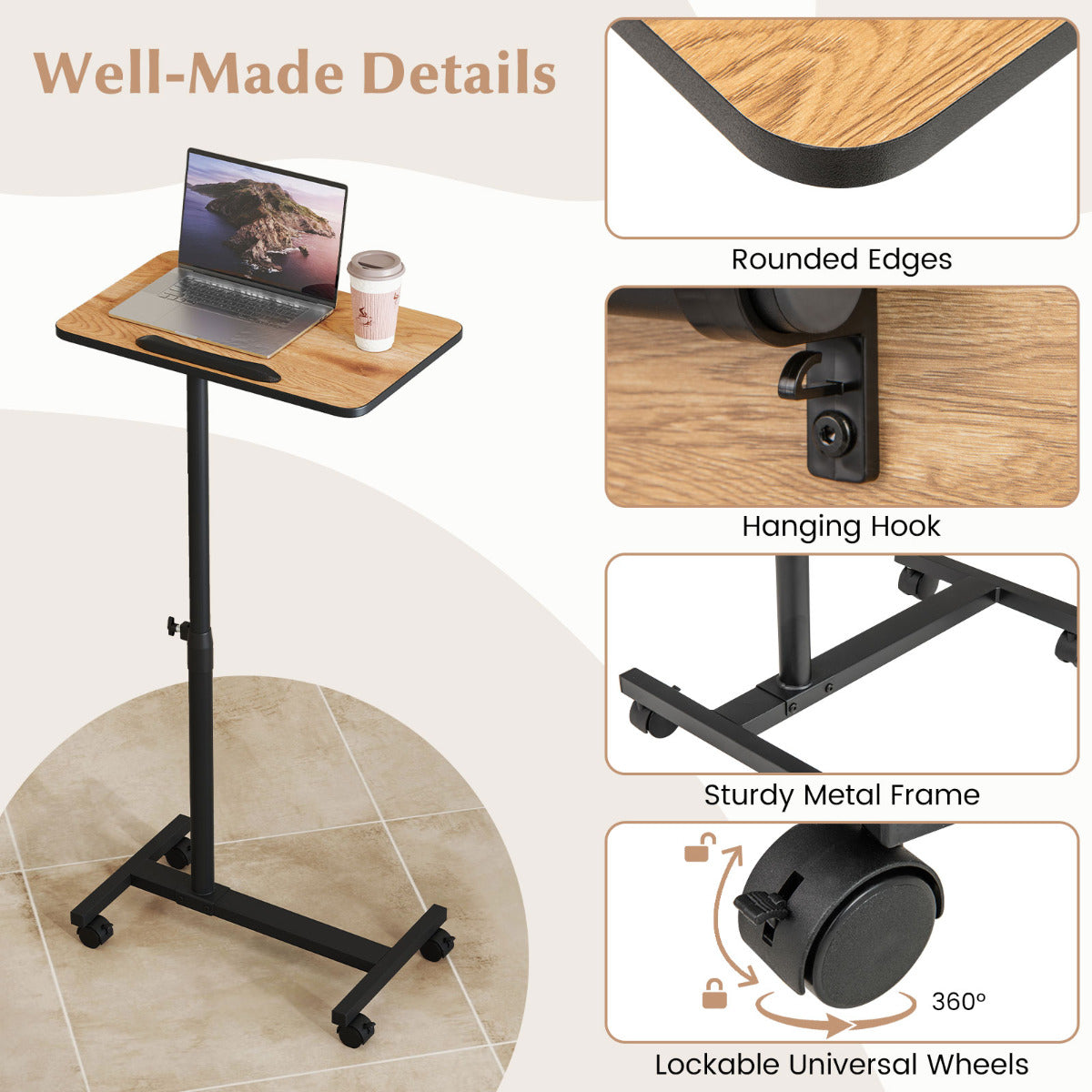 Overbed Table with Lockable Wheels C-Shaped End Table-Brown