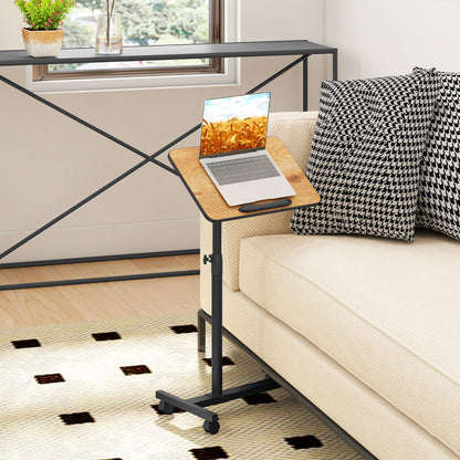 Overbed Table with Lockable Wheels C-Shaped End Table-Brown
