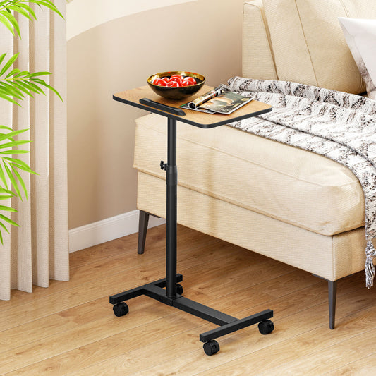 Overbed Table with Lockable Wheels C-Shaped End Table-Brown
