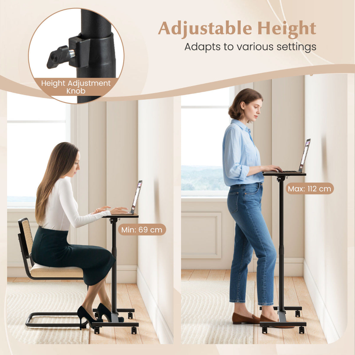 Overbed Table with Lockable Wheels C-Shaped End Table-Brown