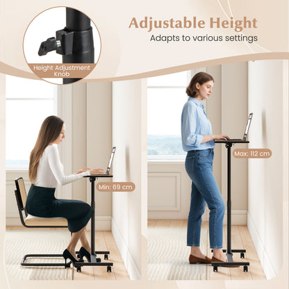 Overbed Table with Lockable Wheels C-Shaped End Table-Brown