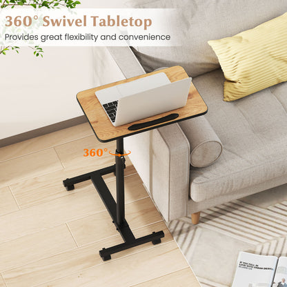 Overbed Table with Lockable Wheels C-Shaped End Table-Brown