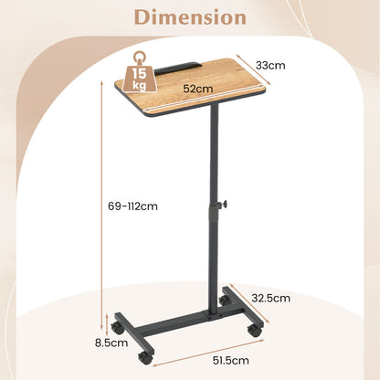 Overbed Table with Lockable Wheels C-Shaped End Table-Brown