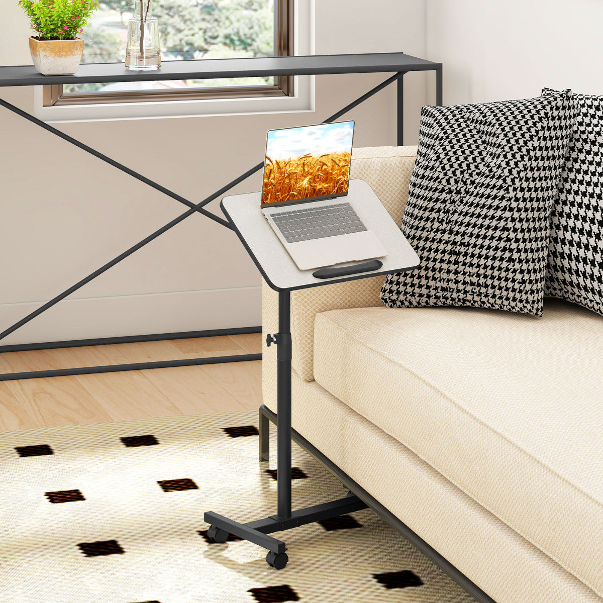 Overbed Table with Lockable Wheels C-Shaped End Table-Grey