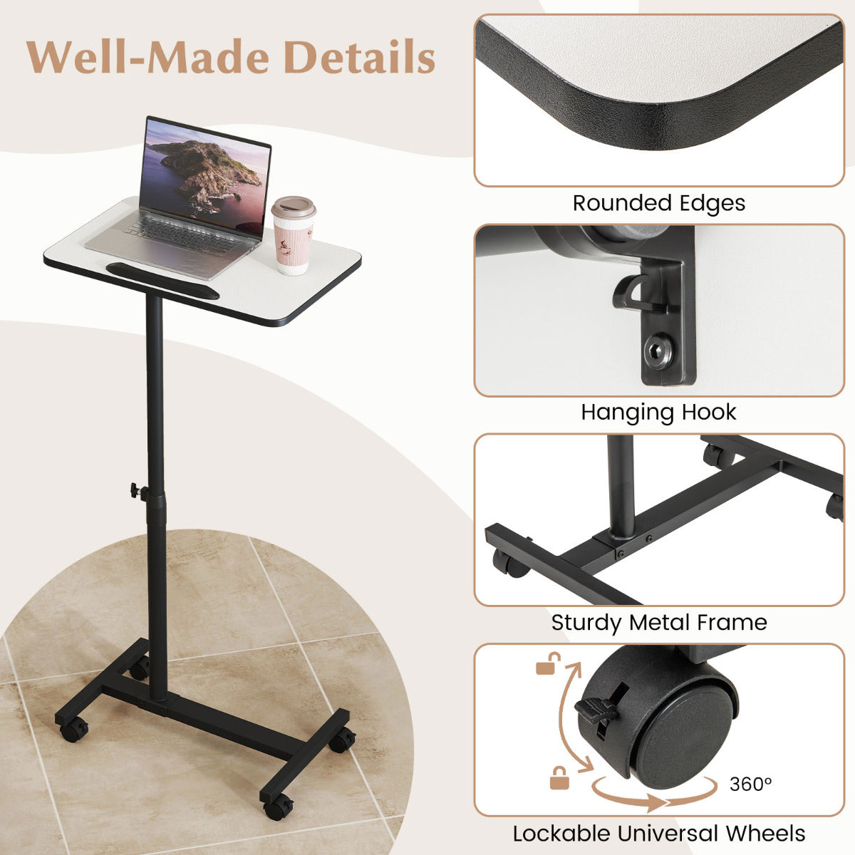 Overbed Table with Lockable Wheels C-Shaped End Table-Grey