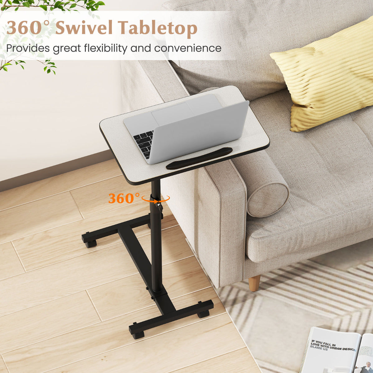 Overbed Table with Lockable Wheels C-Shaped End Table-Grey