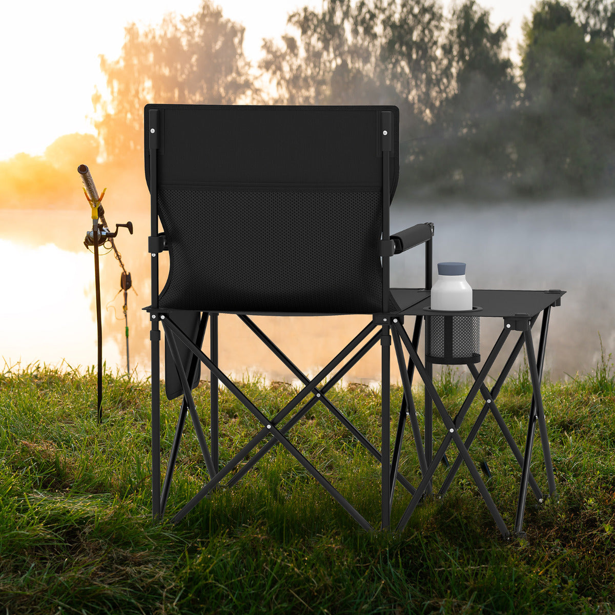Oversized Camping Chair with Side Table and 2 Storage Pockets-Black-1 piece