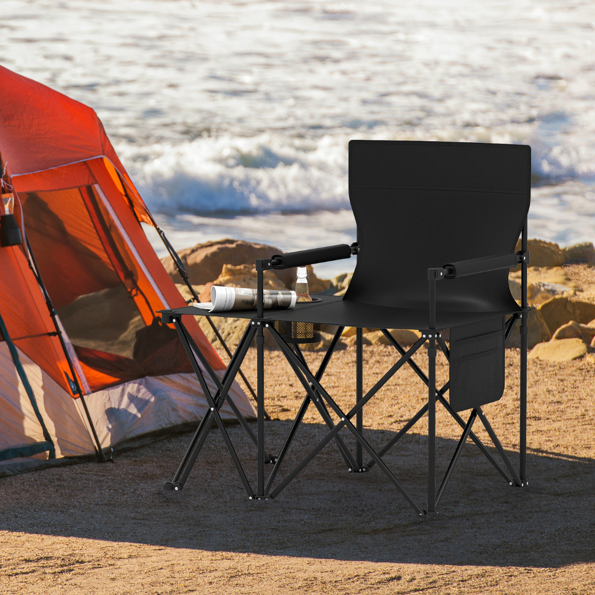 Oversized Camping Chair with Side Table and 2 Storage Pockets-Black-1 piece