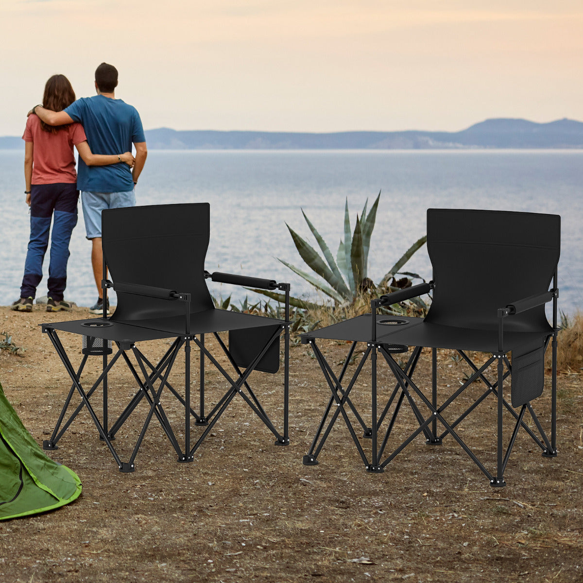 Oversized Camping Chair with Side Table and 2 Storage Pockets-Black-1 piece