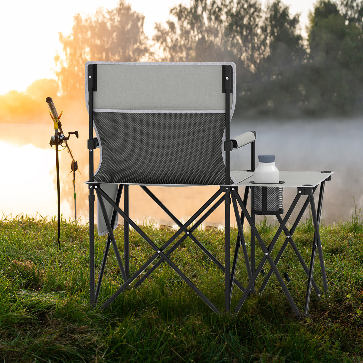 Oversized Camping Chair with Side Table and 2 Storage Pockets-Grey-1 piece