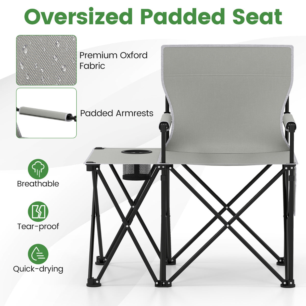 Oversized Camping Chair with Side Table and 2 Storage Pockets-Grey-1 piece
