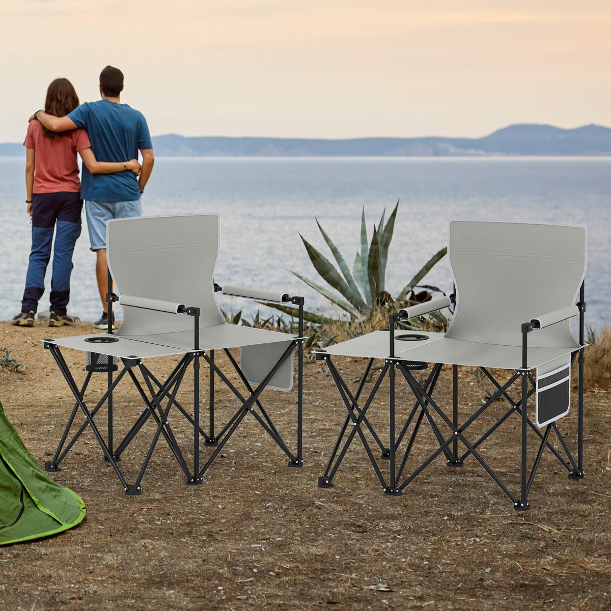 Oversized Camping Chair with Side Table and 2 Storage Pockets-Grey-1 piece