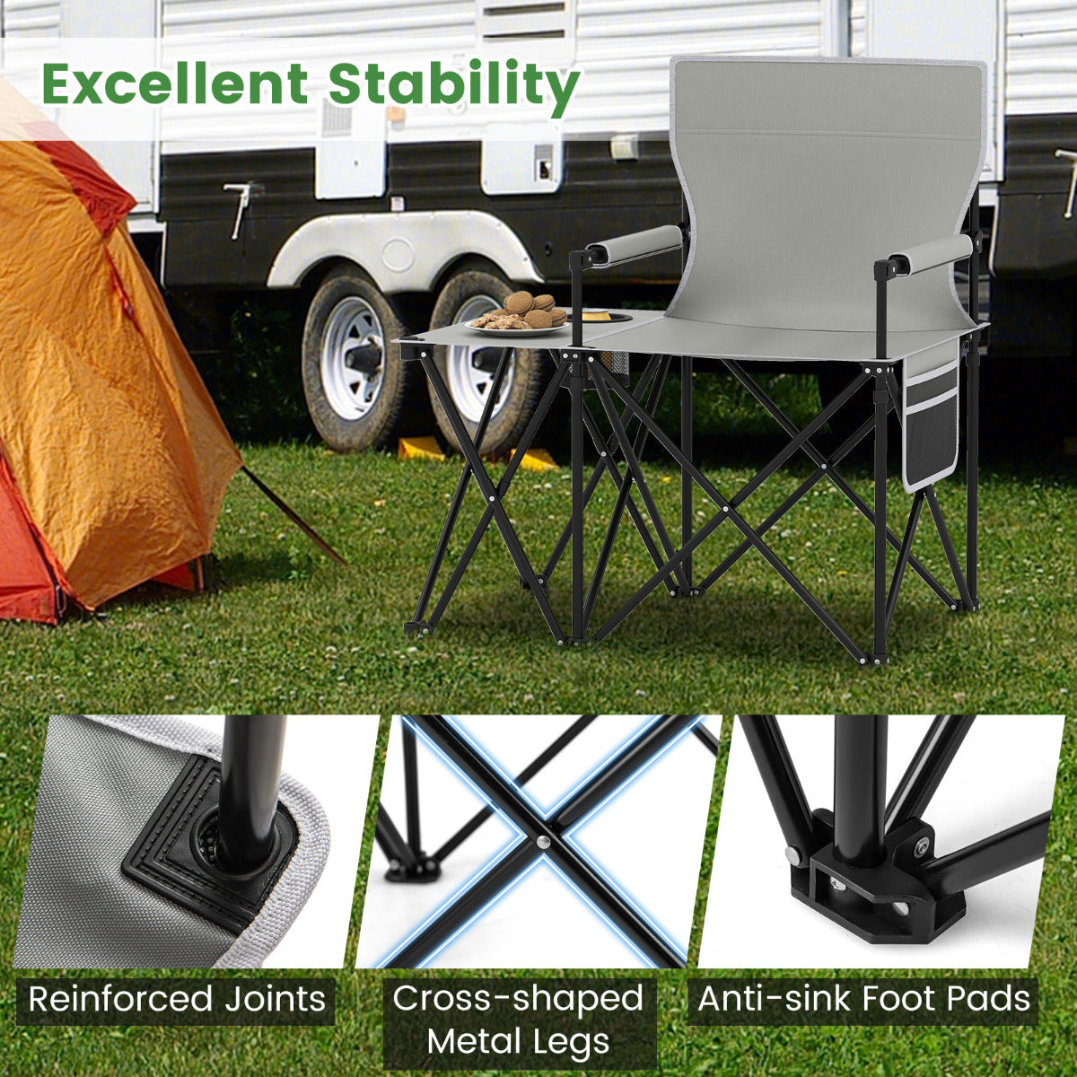 Oversized Camping Chair with Side Table and 2 Storage Pockets-Grey-1 piece